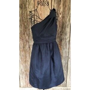 Jenny Yoo 6 Navy Blue Crinkle empire waist one shoulder Knee Length Prom dress